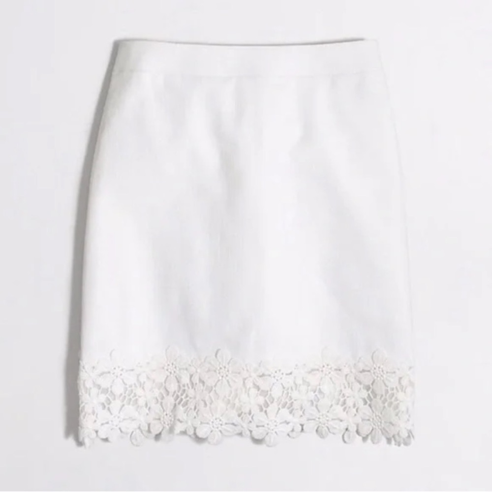J Crew White Floral Lace Trim 100% cotton Canvas Mini Pencil Skirt Size 2